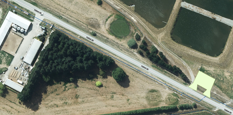 An aerial view of a road and trees

Description automatically generated